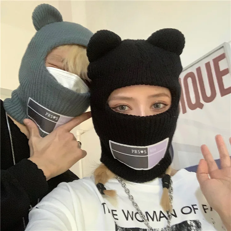 

Balaclava Women's Winter Neck Protection Hat Woolen Cap Unisex Autumn Bear Big Ear Beanie Knitted Hooded Neck Collar Gorra