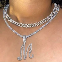 flatfoosie luxury zircon a z cursive letter pendant necklace for women bling crystal initial cz tennis chain necklace jewelry