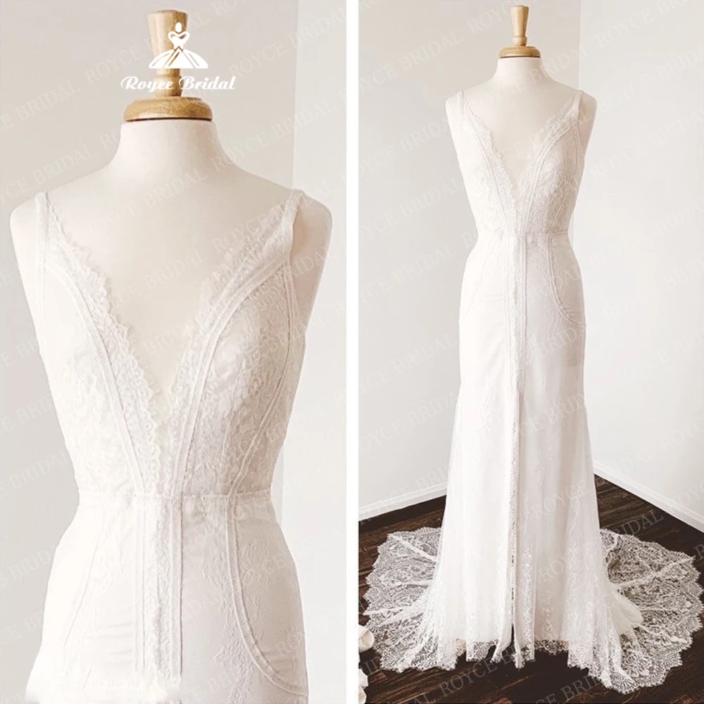 

Lace Wedding Dress with Slit Boho Bridal Gown USA Modern Wedding Gown Beach Wedding Dress Wedding Dress with Deep V