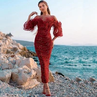 red feather strapless 3d applique beaded mermaid wedding banquet evening dress prom party dress