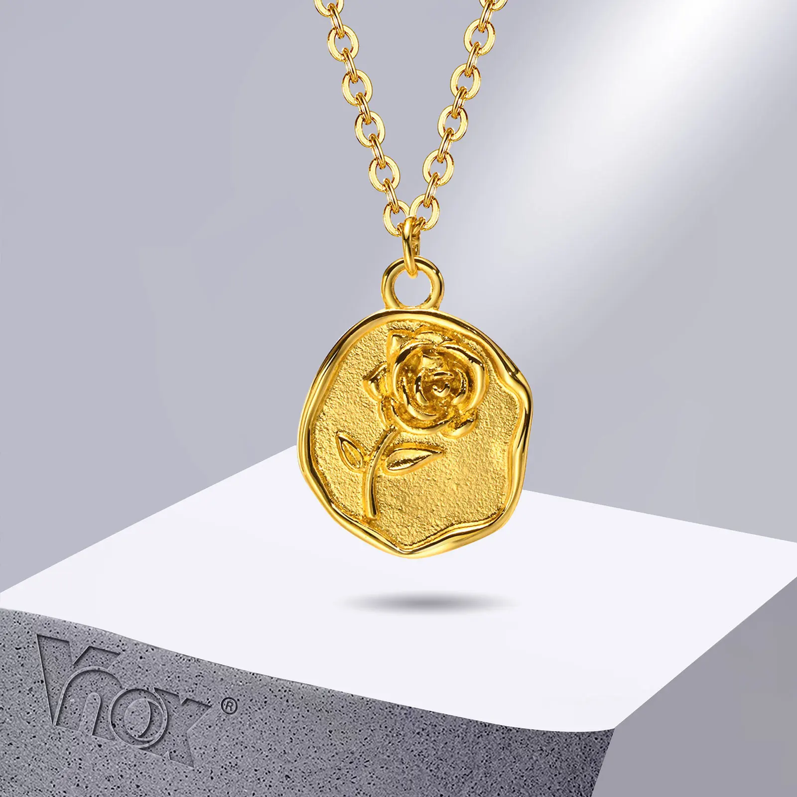 

Vnox Vintage Rose Necklace for Women, Gold Color Stamp Shaped Stainless Steel Pendant with Adjustable Chain,Retro Elegant Collar