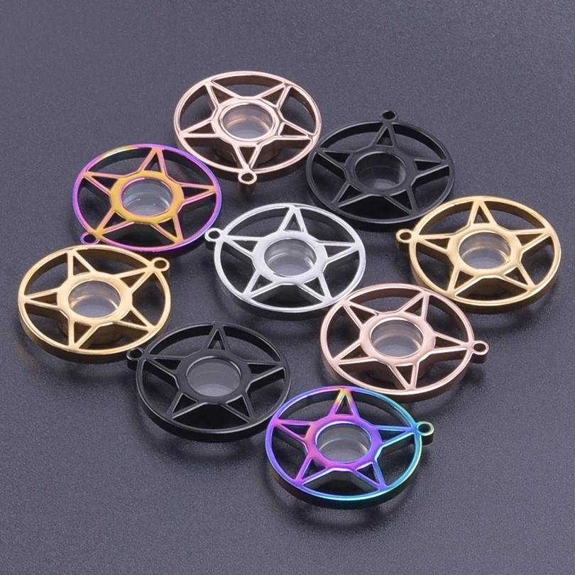 

1pc Stainless Steel Five-Pointed Star Relicarios Photo Locket Pendant Glass Floating Charms Picture Pendant For Jewelry Making
