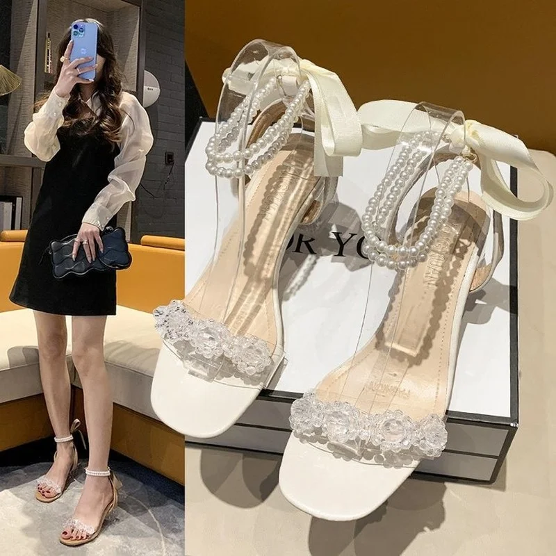 

Женские босоножки-гладиаторы на высоком каблуке, туфли-лодочки с пряжкой и бусинами, обувь для вечеринки на лето, 2022