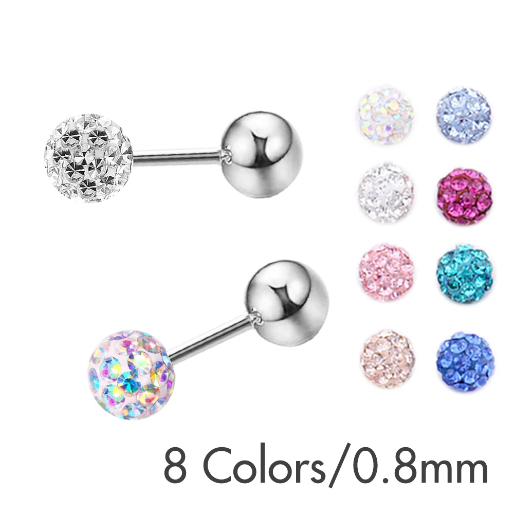 1Pc Stainless Steel Jewelled Crystal Ball Cartilage Helix Daith Tragus Orbital Lobe Ear Piercing Earring Jewellery 20G 0.8mm