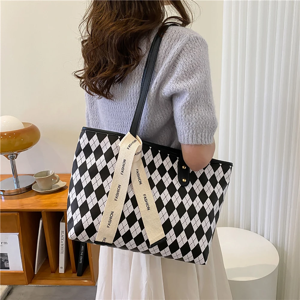 

Fashion Plaid Women Handbag Tote Bag Large-capacity Female PU Leather Holiday Simple Shopping Travel Shoulder Top-Handle Bags