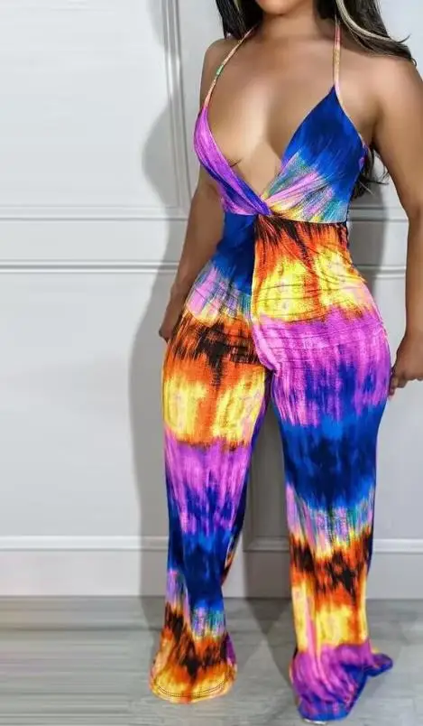

Sexy V-Neck Backless Tie Dye Print Plunge Sleeveless Jumpsuit 2023 Summer New Casual Fashion Commuting Long Jumpsuits