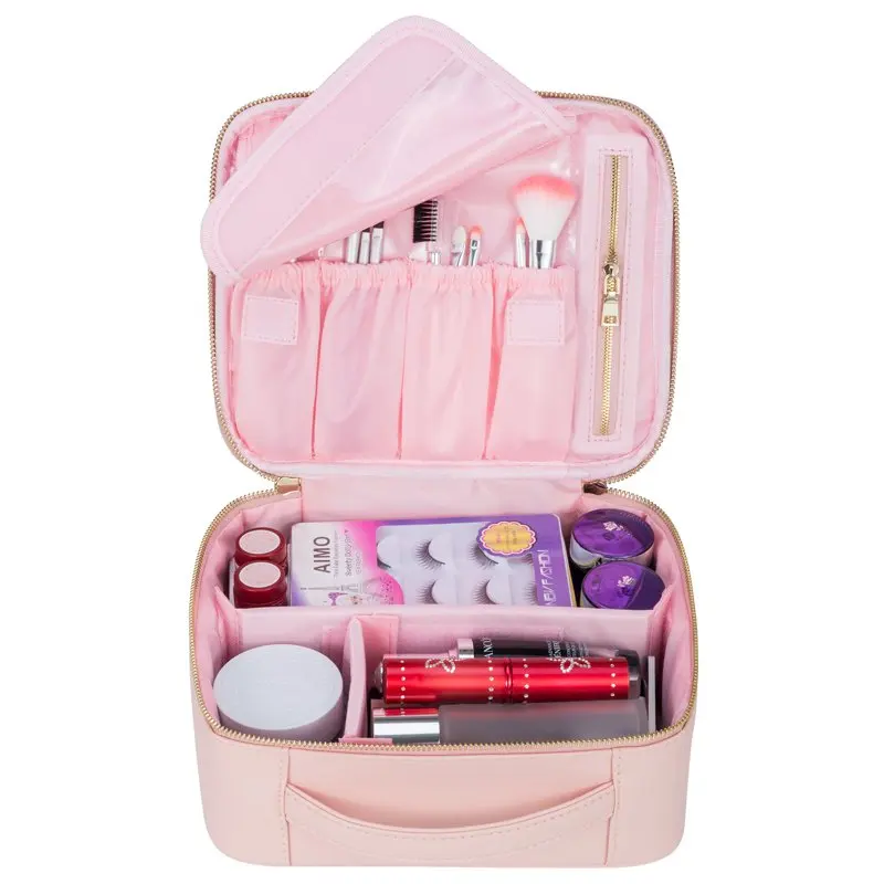 9.8”Makeup Train Case Travel PU  Makeup Cosmetic Artist Organizer,Pink