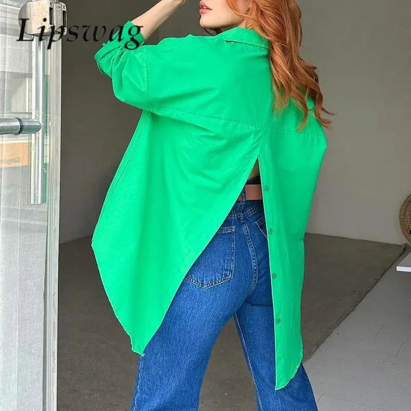 

Blouse Shirts For Women Solid Fashion Back Buttoned Slit Design Shirts Blusa Casual Loose Single-breasted Lapel Long Sleeve Tops