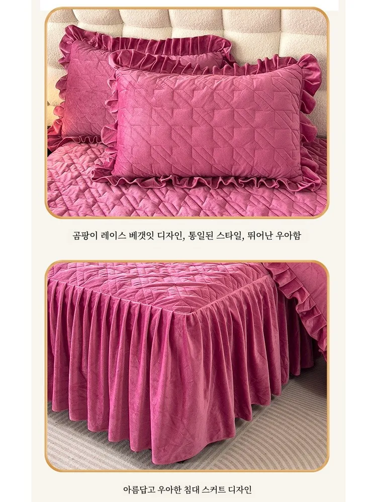 Winter Milk Crystal Velvet Bed Skirt One-Piece Flange Coral Fleece Quilted Lace Fitted Sheet Two-in-One Mengsi Cover