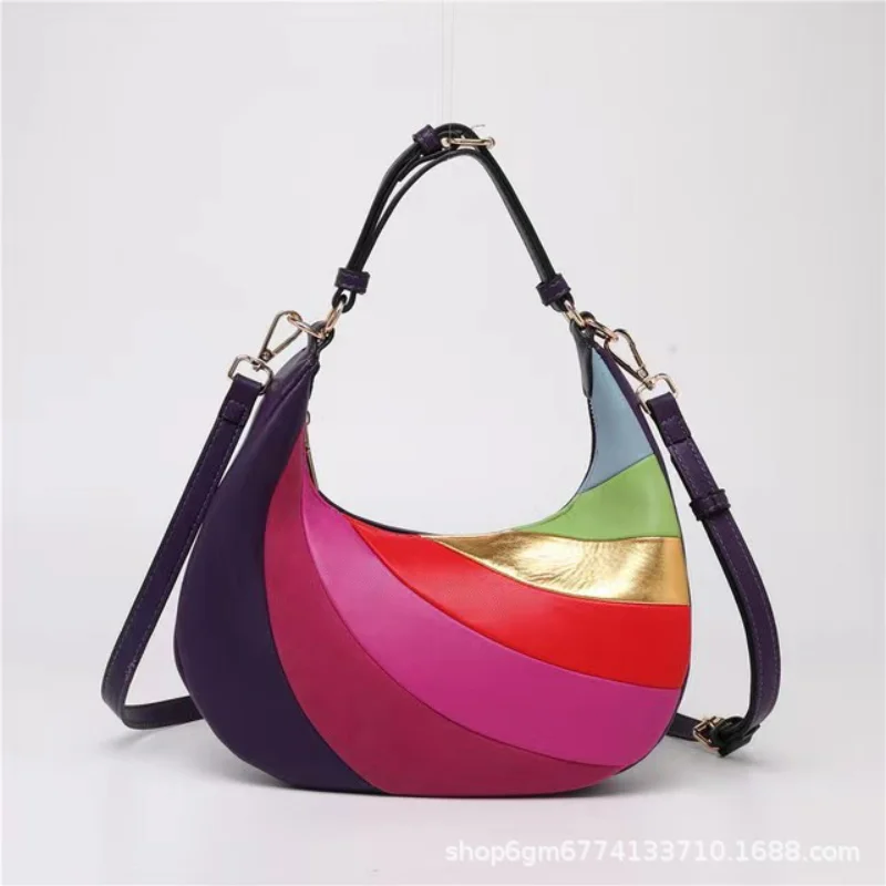 

Half Moon Multi Colorful Cross Body Colorful Purse Rainbow Tote Handbag Jointing Stitching Strip Purse Luxury Handbag For Ladies