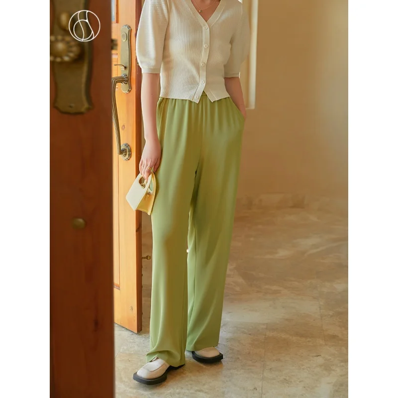 GLAUKEHigh-waist Drape Women Pants Wide-leg Straight Full Elastic Waist Slim All-match Cozy Solid Color Ice Silk Female Trousers