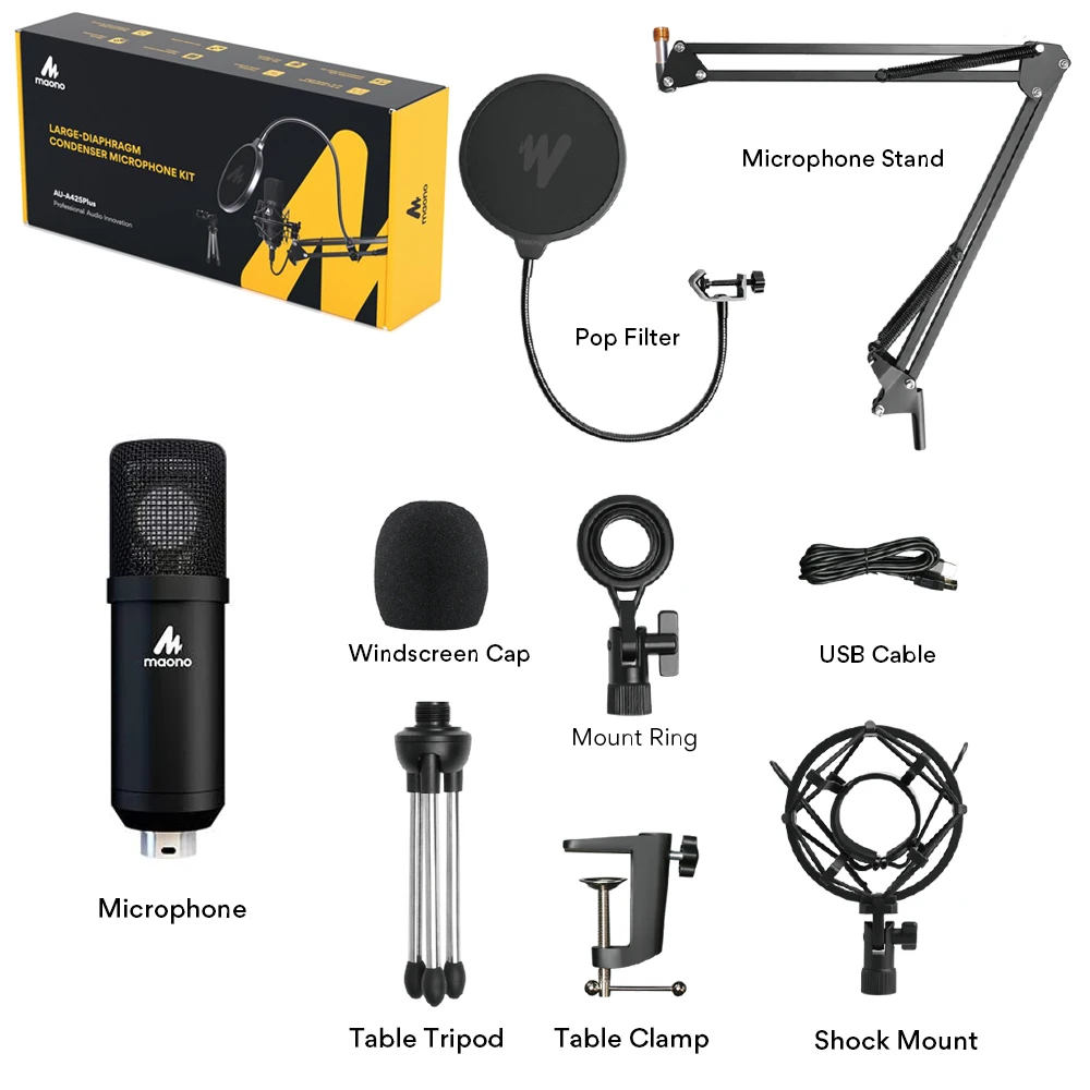 USB 25mm Large Condenser Microphone Set Pro-Studio Podcasting Bundle Cardioid Noise Cancelling Anti-interference Recording Kit w enlarge