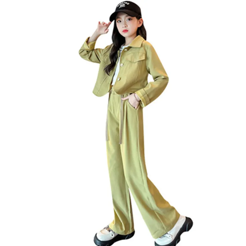 

Элегантный повседневный костюм для девочек, осень 2023, однотонный блейзер + широкие брюки, комплект из двух предметов для школьников, свободная детская одежда