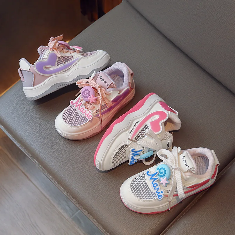 Girls White Shoes Sports Casual Hollow Breathable Mesh Shoes