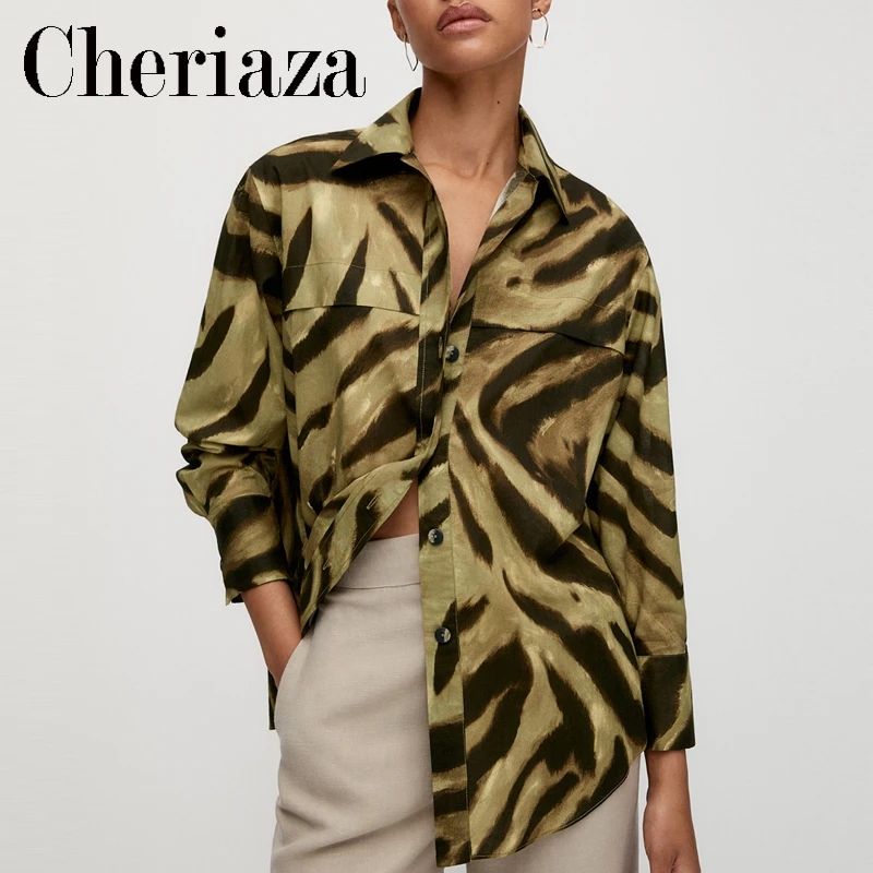 Cheriaza Autumn Woman Olive Green Casual Zebra Printing Shirt Fashion Long Sleeves Animal Print Blouse Chic Lady Blouses Female