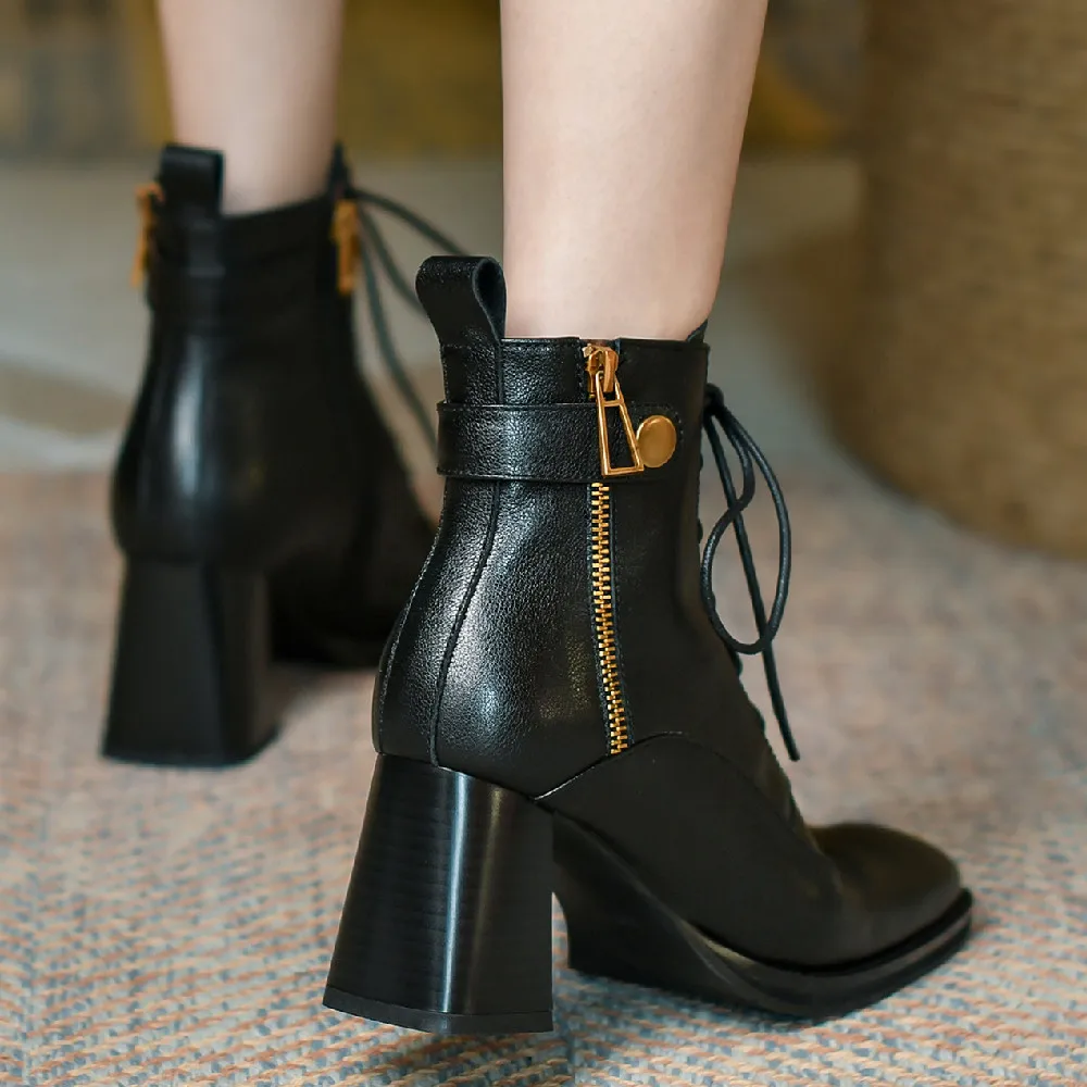 Женские ботильоны из натуральной кожи на толстом высоком каблуке с квадратным