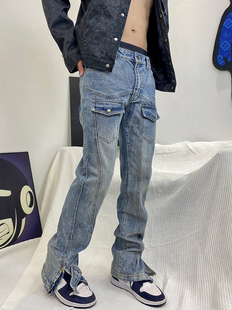 

ZCSMLL American style high street zipper jeans men's and women's hip hop hiphop slim retro light blue pants fashion