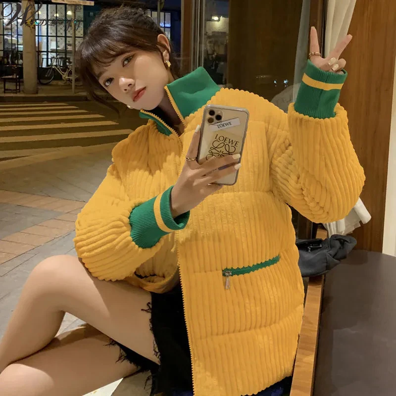 Winter Warm Corduroy Cotton Clothing Coat Women KoreanFashion Loose Casual Zipper Jacket Female Solid Thick Stand Collar Outwear