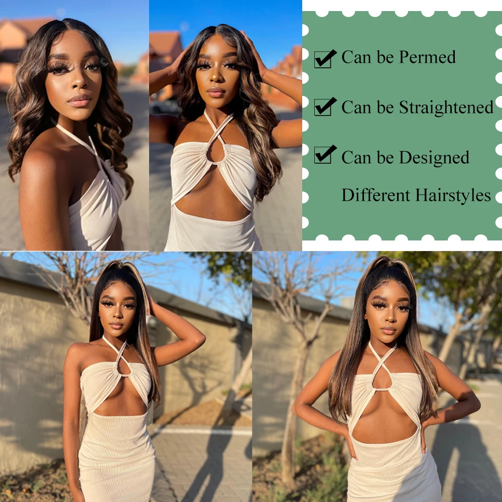 X-TRESS Synthetic Highlight Lace Front Wigs 22 Inch Ombre Brown Natural Wave T Part Transparent Swiss Lace Wig for Black Women