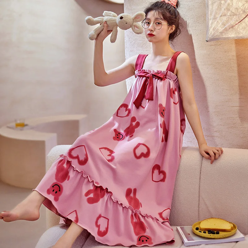 Women Cotton Sleepwear Casual Soft Love Heart Print Sleep Sleeveless Dress Pajamas