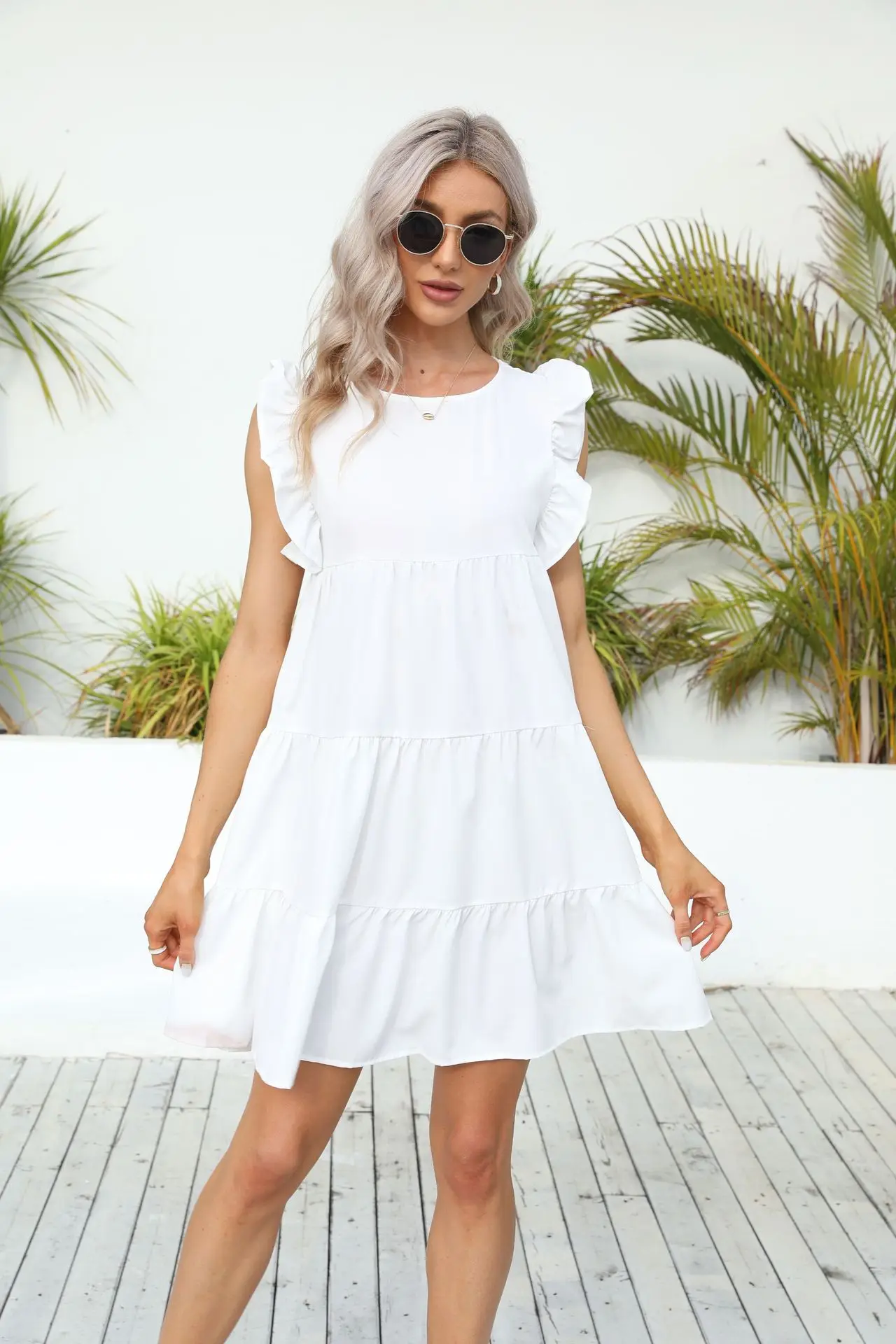 

Summer New Ruffle Sleeve Round Neck Long Dress Pleated Solid Color Cute Dress Girl