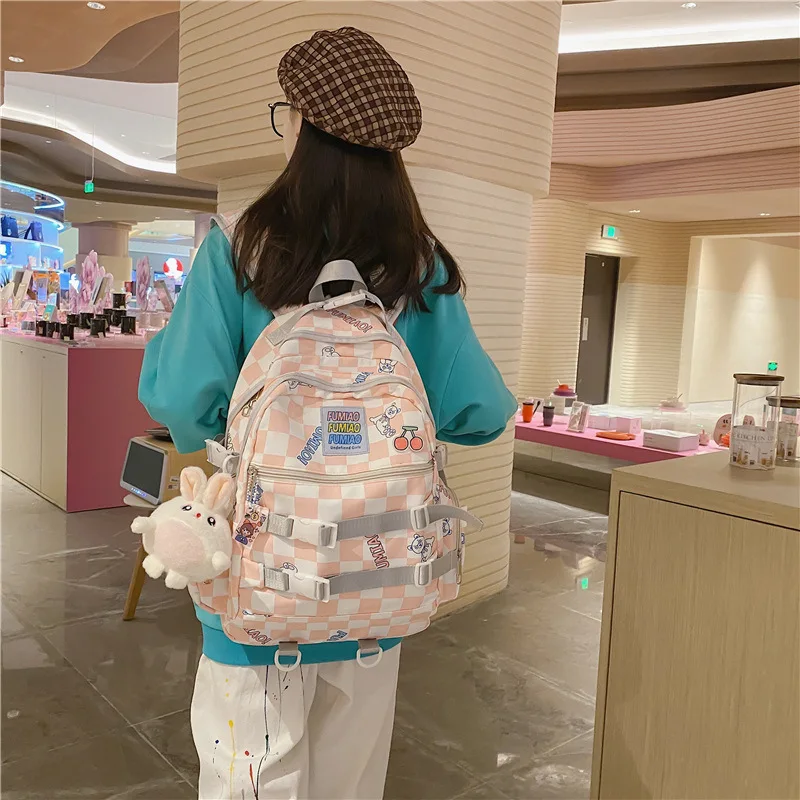 

TRAVEASY 2022 Plaid Nylon Female Large Capacity Women Backpack Checkerboard Wear Daypack Laptop Backpack Casual Women Schoolbag