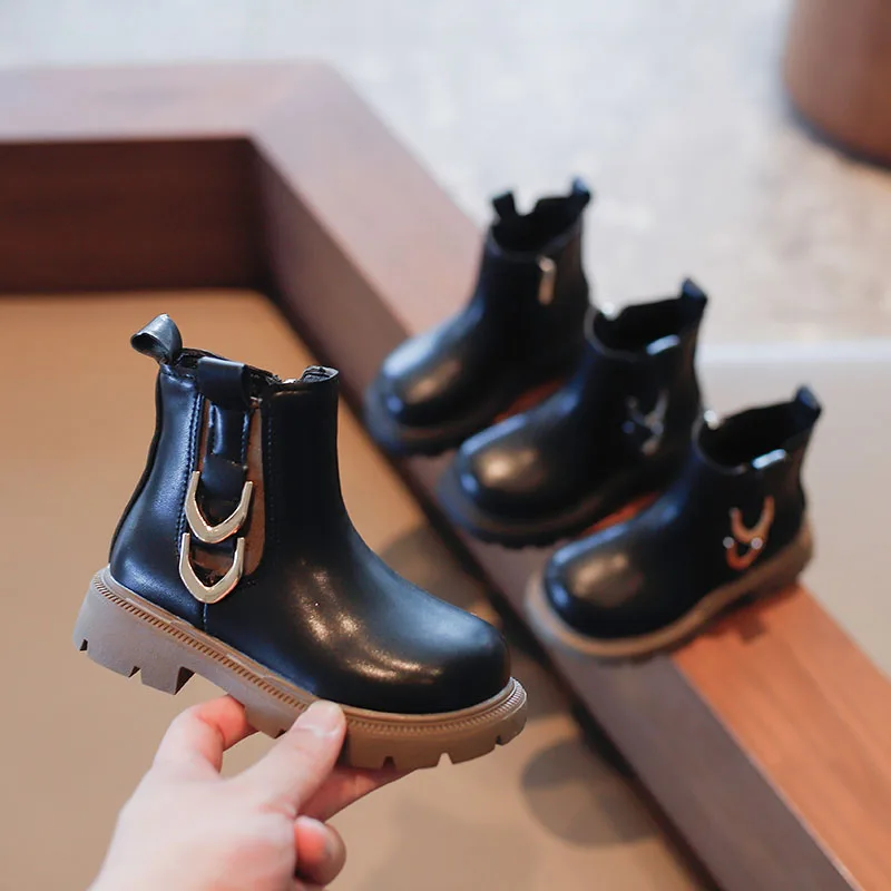 

Girls' Leather Boots Autumn and Winter 2022 New Boys Britain Style Short Boots Non Slip Children's Versatile Cool Unisex Boots