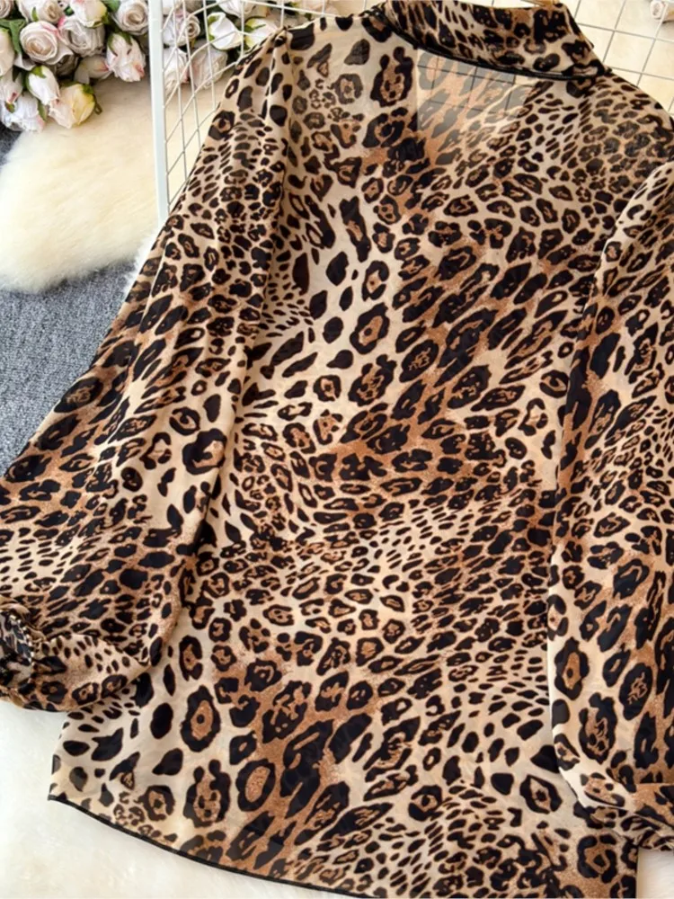 Элегантные женские леопардовые рубашки с длинными рукавами повседневная одежда