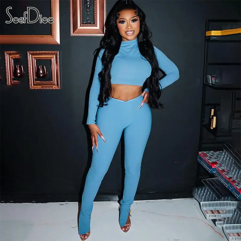 

Soefdoo Fashion Skinny Blue Women's Set Half High Collar Crop Tops and Flare Pants 2023 Winter Casual Two Piece Sets Outfits