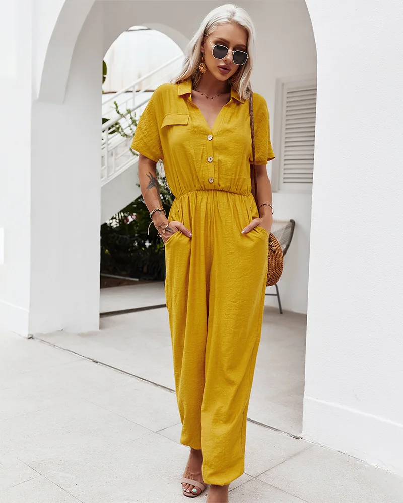 2023 Woman Bohemian Jumpsuits Sexy V Neck Streetwear Blue Yellow Solid Colors Short Sleeve Jumpsuits Plus Size Aesthetic Clothes