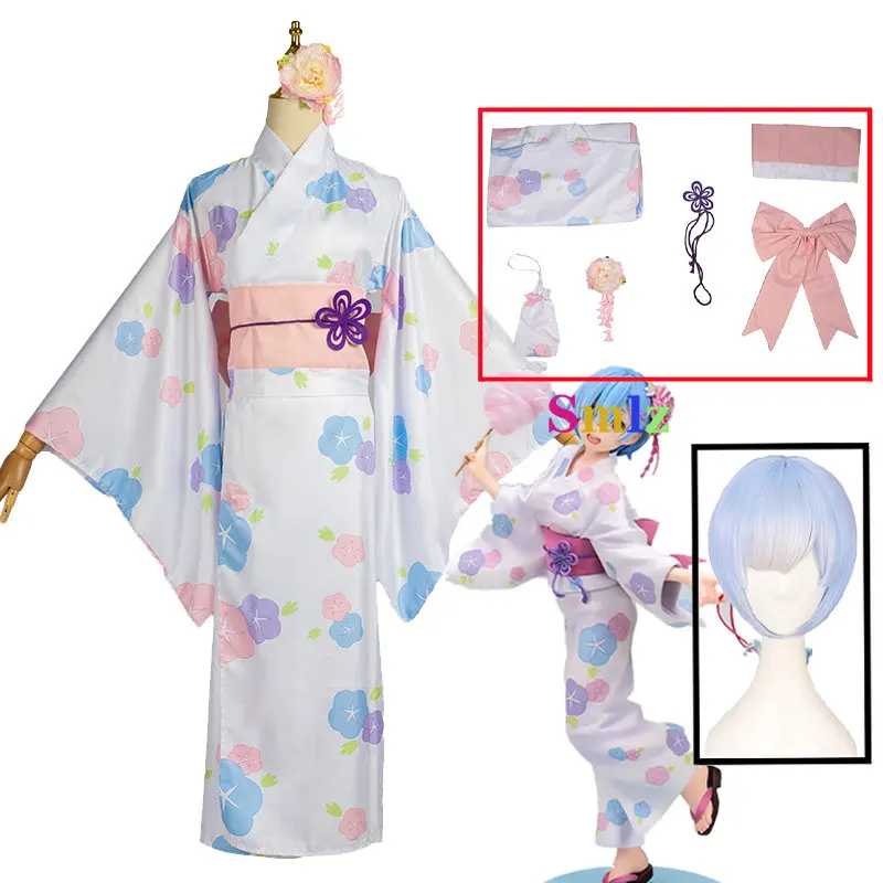 

Ram Rem Cosplay Anime Re:zero Kara Hajimeru Isekai Seikatsu Costume Japanese Woman Rem Kimono Dress Wig Set