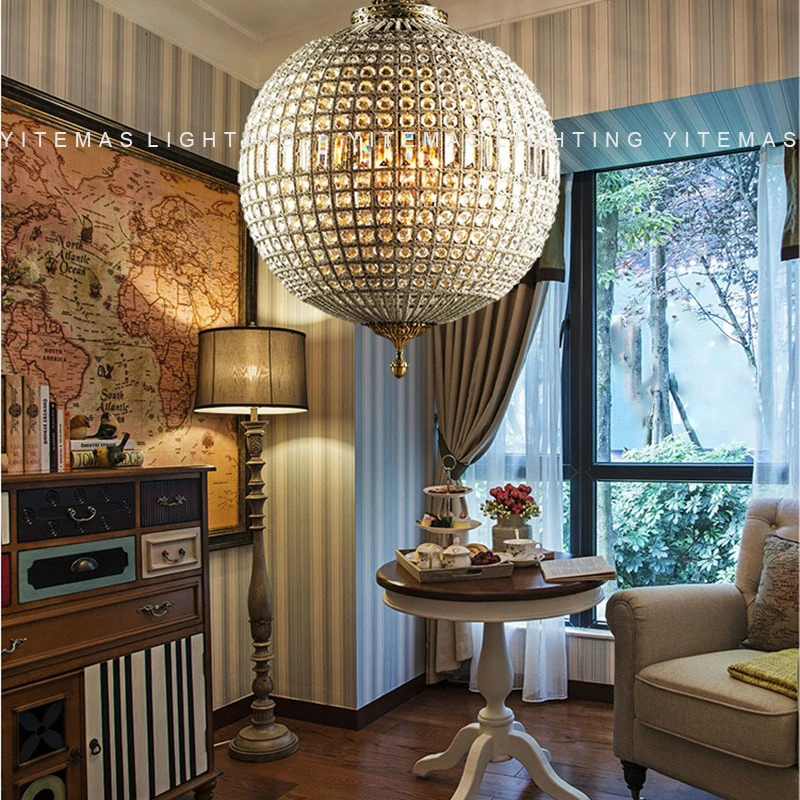 

American Foyer Luxury K9 Crystal Round Bronze Metal Led Pendant Lights French Style Luminaria Led Hanging Lamp For Corridor