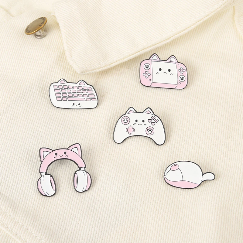 

Cat Keyboard Enamel Pins Custom Mouse And Keyboard Game Console Headphone Brooch Lapel Badge Cartoon Jewelry Gift For Friends