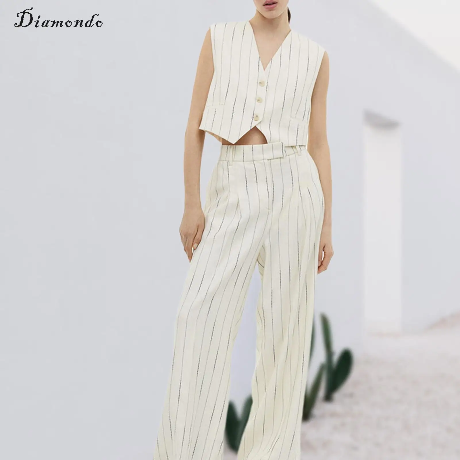 

Women Sleeveless Vest & Full Length Trouser Elegant Stripe Crop Vest & Loose Pant Set Comfy Slim Fit Office Commuting Suit