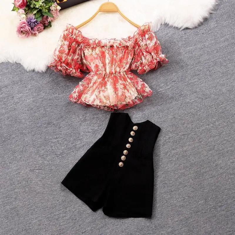 

Women 2022 Summer New 2 Piece Sets Female Short Sleeve Print Chiffon Shirts Tops + Single-breasted Shorts Ladies Sexy Suits J81