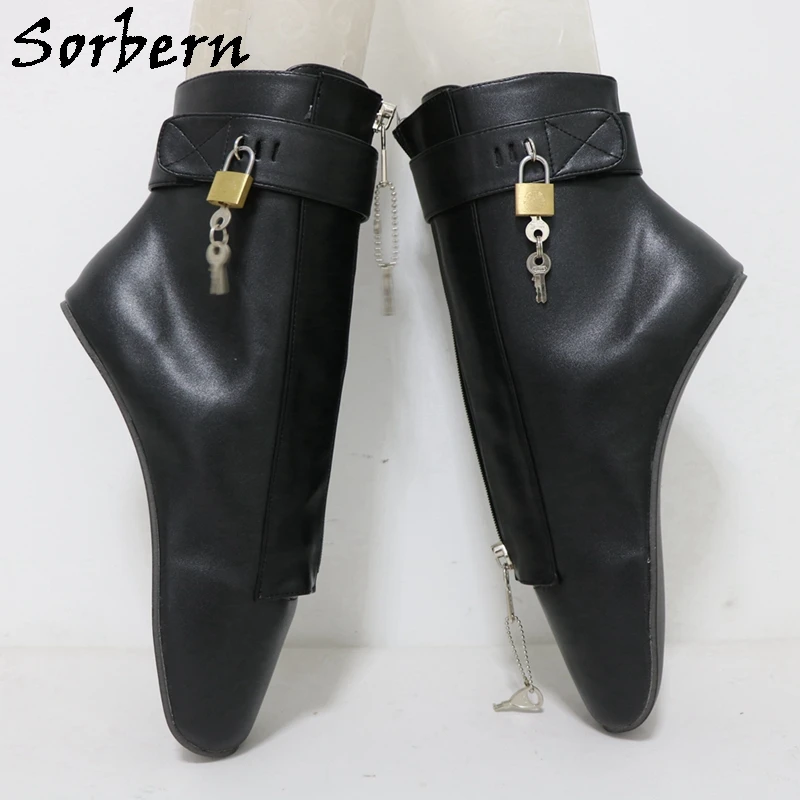 Sorbern Lockable Ankle Boots Heelless Bdsm Shoes No Heels For Bondage Use Lockable Zipper Front Lace Up Custom Color