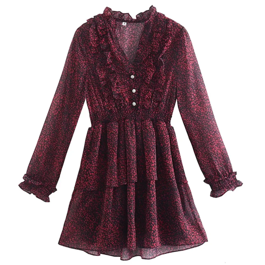 

Jenny&Dave England Style Fashion Sexy Party DressesSummer Dress Women High Street Vintage Leopard Print Cascading Ruffles V-neck
