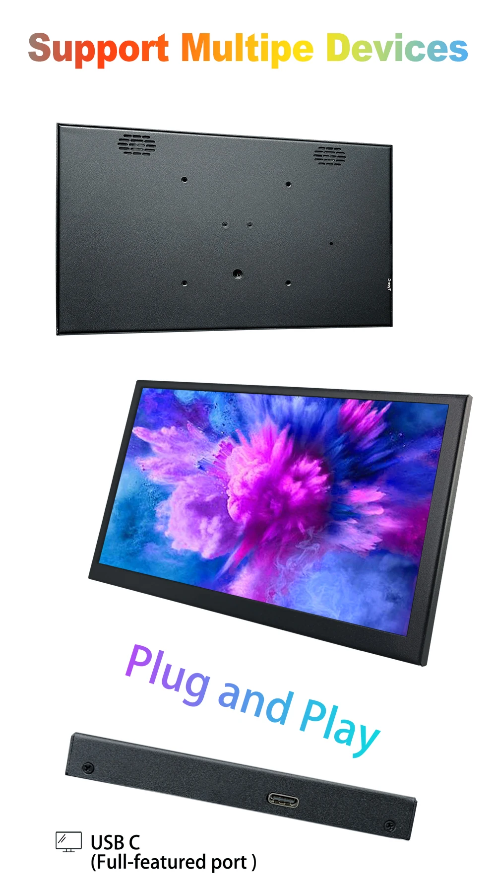 Маленький монитор LESOWN 7 дюймов USB C 1024x60 0 IPS широкий сенсорный экран внешний