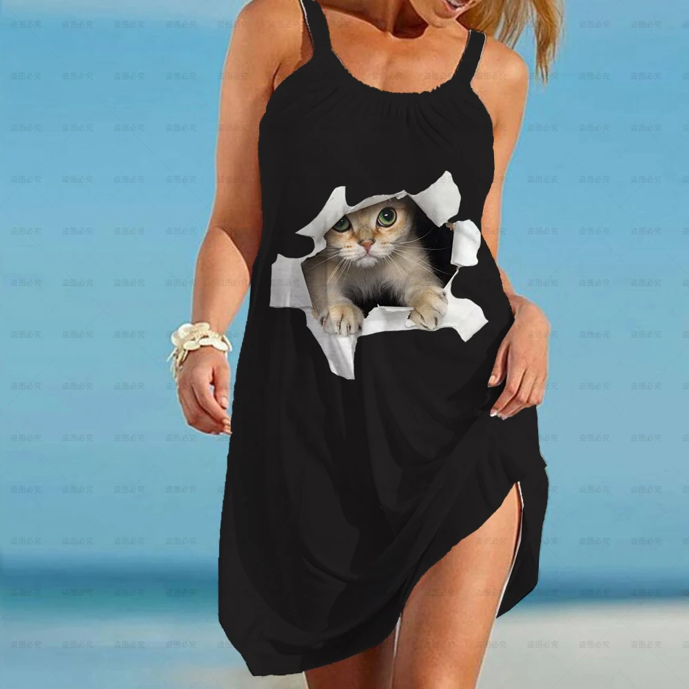 

New Summer Kitten Pattern Dress Women Polka Dot Street Sexy Casual Loose Thin Beach Party Dress Cute Animal O Neck Mini Dress