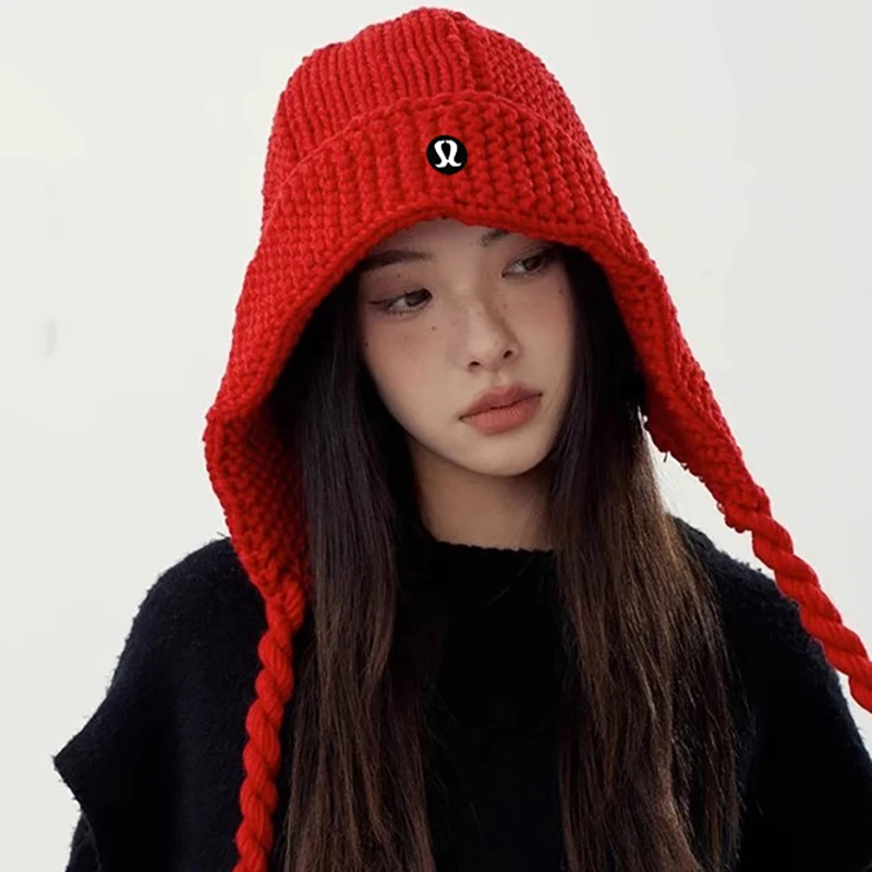 Nnny Lulu Hat Solid Lace-up Knitted Wool Flight Helmet Women Autumn and Winter Earmuff Student Lei Feng