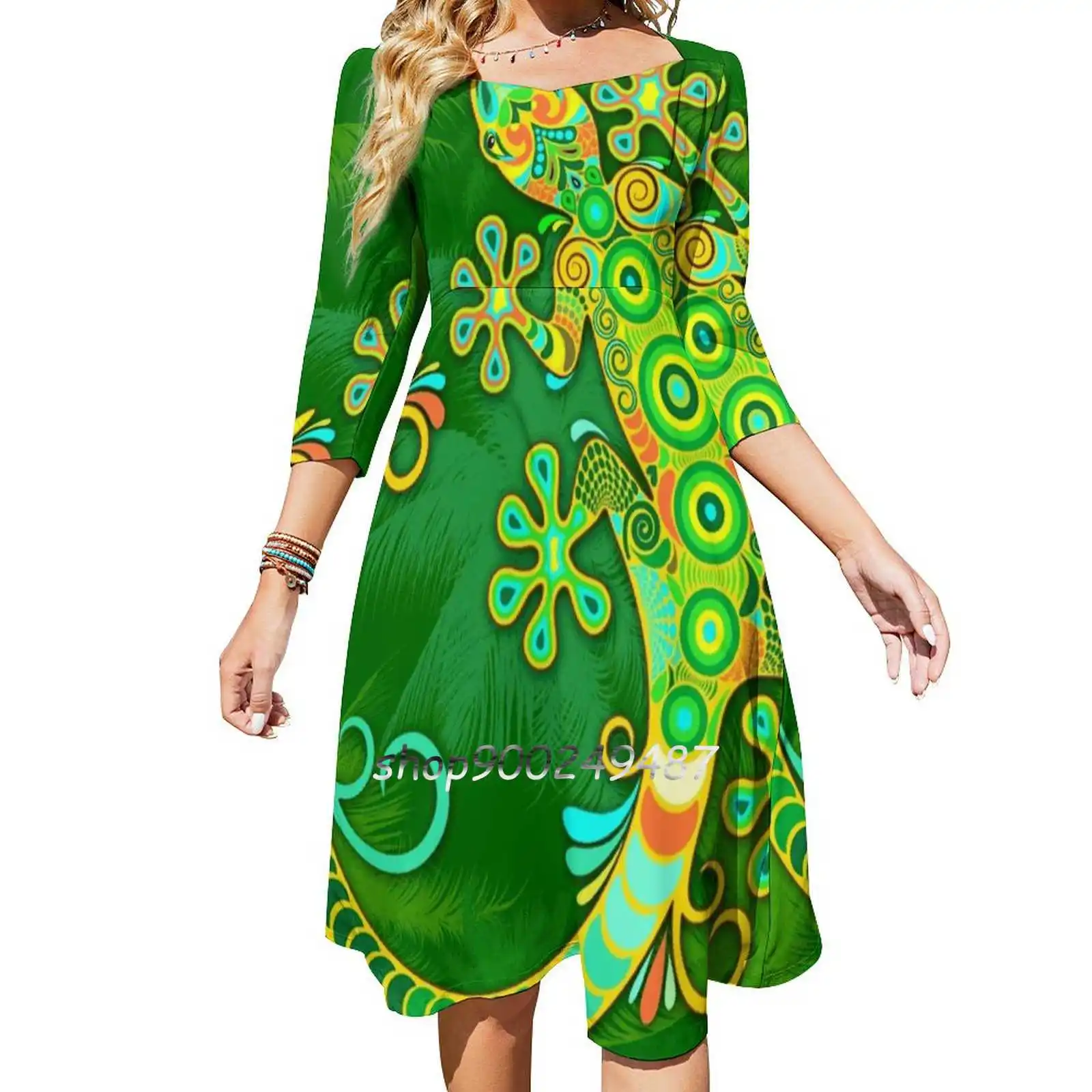 

Gecko Lizard Colorful Tattoo Style Flare Dress Square Neck Dress Elegant Female Fashion Printed Dress Lizard Gecko Animal