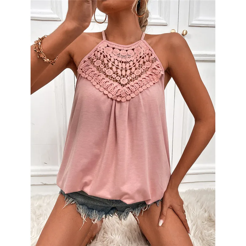 

2022 New Summer Women Camis T Shirt Beach Style Sexy Sleeveless Lace Patchwork Tees Female Casual Loose Solid Tank T shirts Tops
