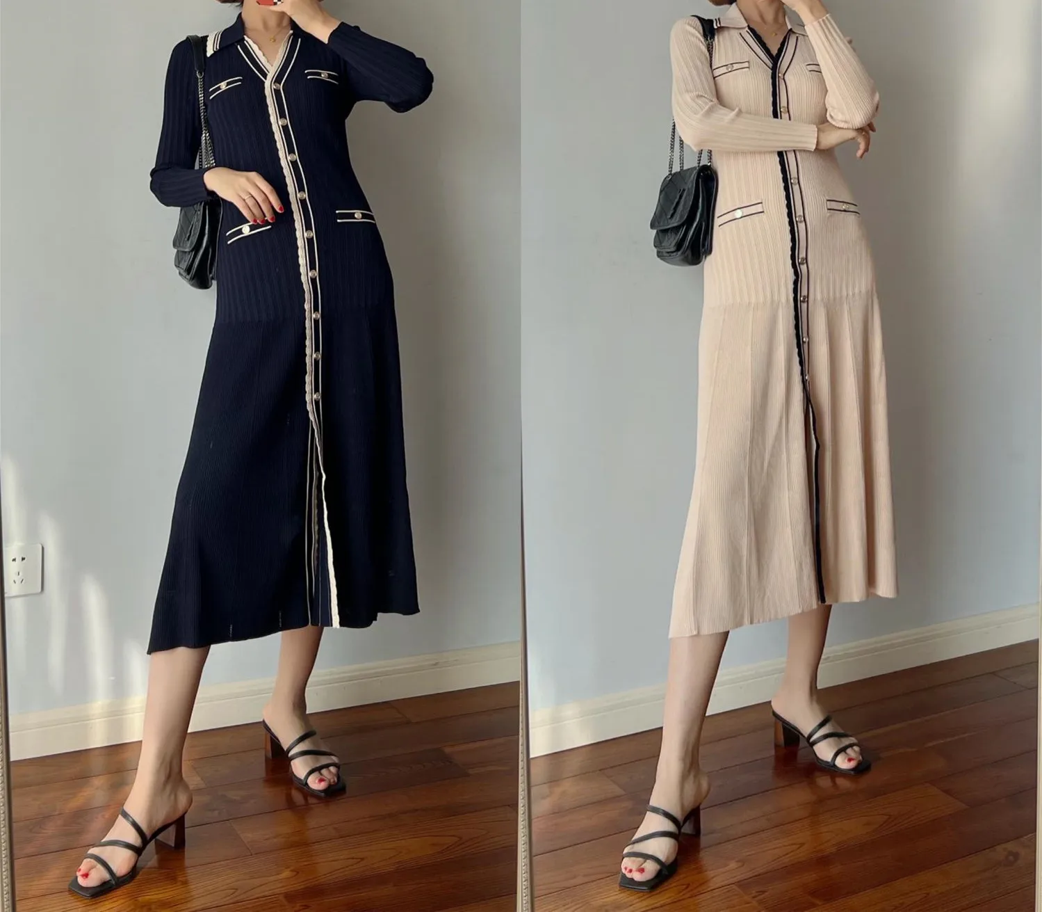 

22 early new style contrast color edge slim long-sleeved long cardigan knitted dress ladies knitted top
