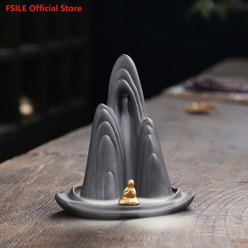 

FSILE Purple Sand Backflow Incense Burner High Mountain Flowing Water Small Monk Home Decoration Backflow Incense Burner Crafts