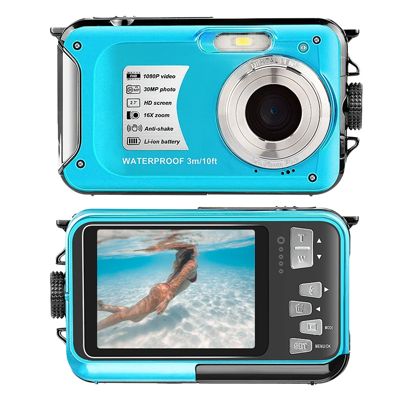 

10 feet waterproof camera photo 30 megapixel video 1080P ,dual screen display selfie underwater camera for snorkeling
