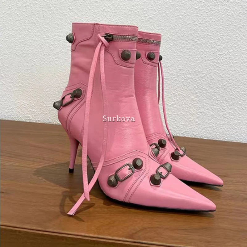 Ladies Knight Boots High Heels Metal Chain Calfskin Luxury Shoes Woman Fluorescence Color Rivet Pointed Toe Ankle Stiletto Boots