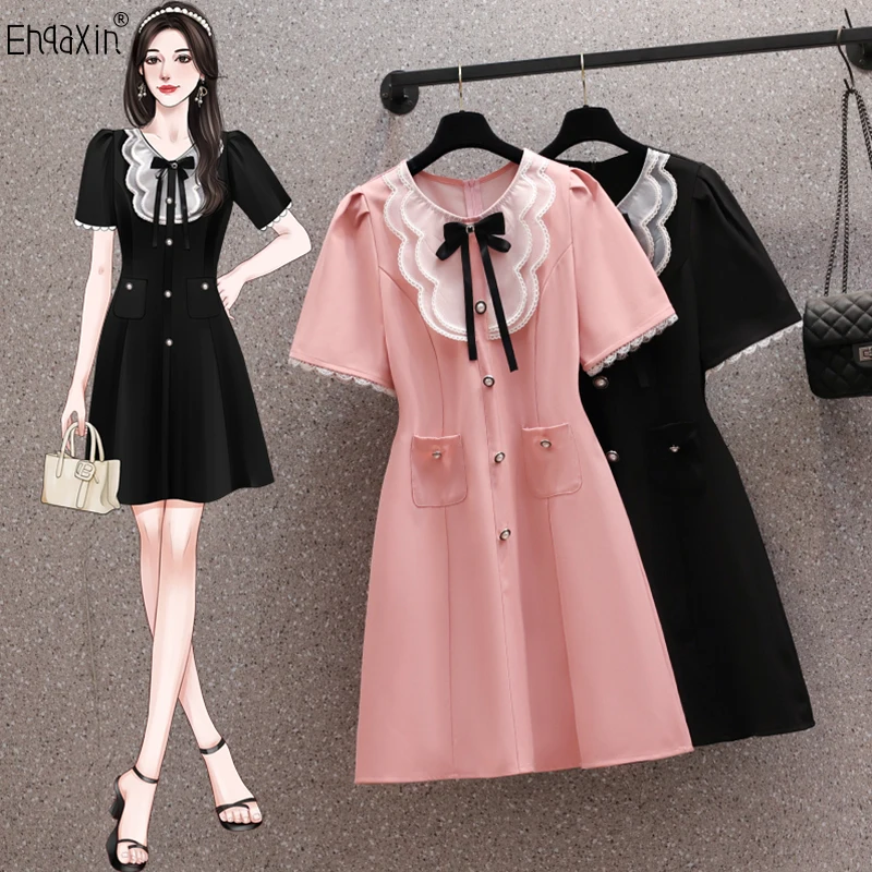 EHQAXIN 2023 New Women's Dress Fashion French Retro Bow Ruffle Short Sleeve A-Line Loose Buttons Dresses For Ladies M-4XL