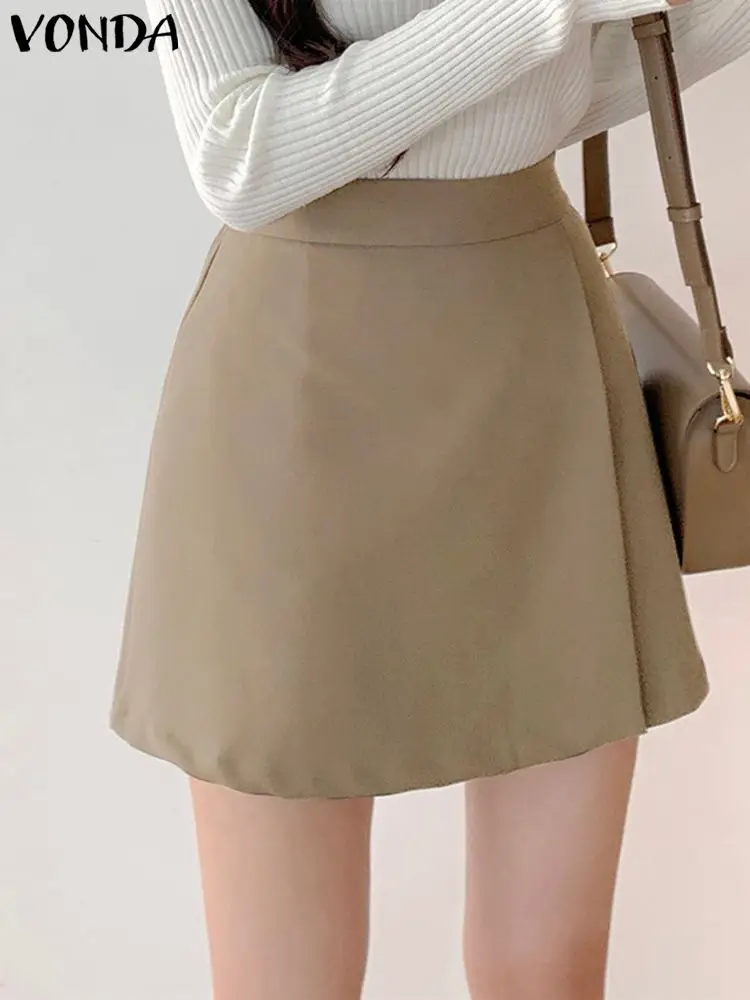 

2023 летние короткие мини-юбки VONDA, модные женские элегантные офисные юбки, плиссированные повседневные однотонные трапециевидные юбки с высокой талией