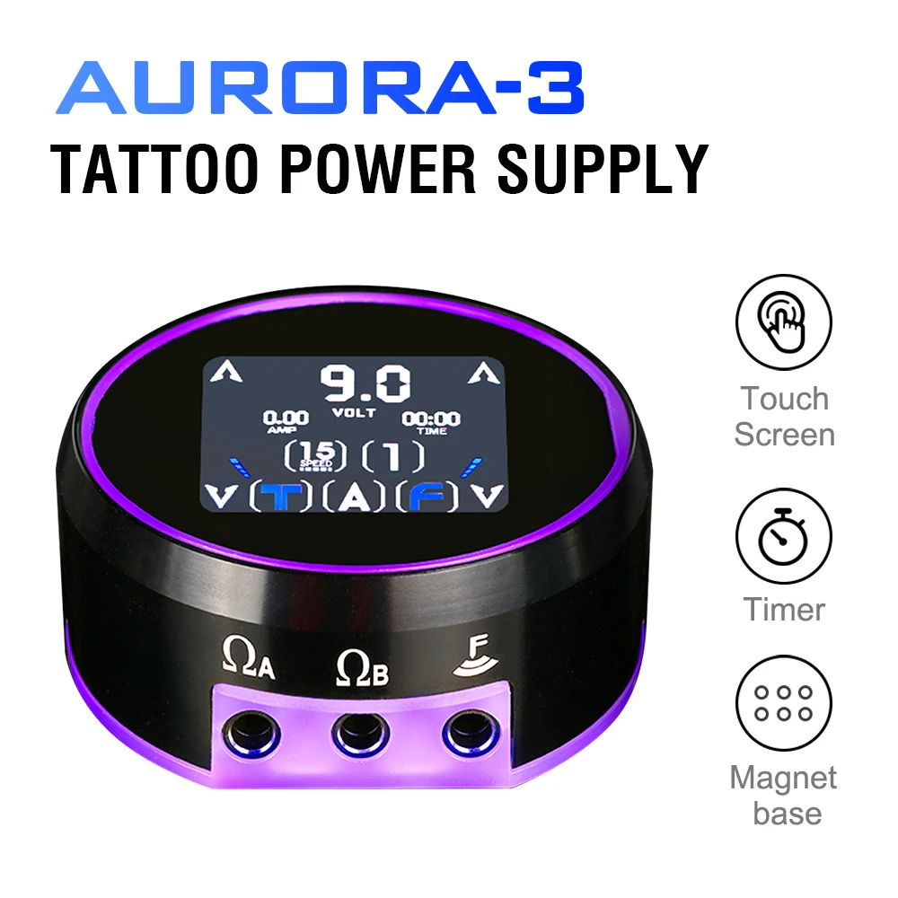 New AURORA 3 Tattoo Power Supply LCD Digital Full Touch Screen with Adapter Colorful Light for Coil & Rotary Tattoo Gun Machine