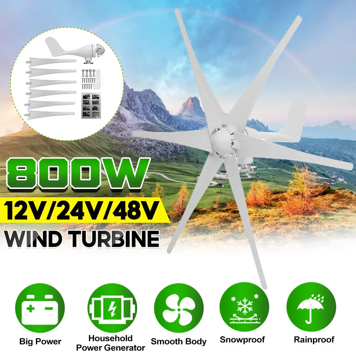 

High Efficiency 800W 12V 24V 48V Wind Turbine With 6 Blades Horizontal Windmill Energy Small Wind Turbine Generator for Home Use